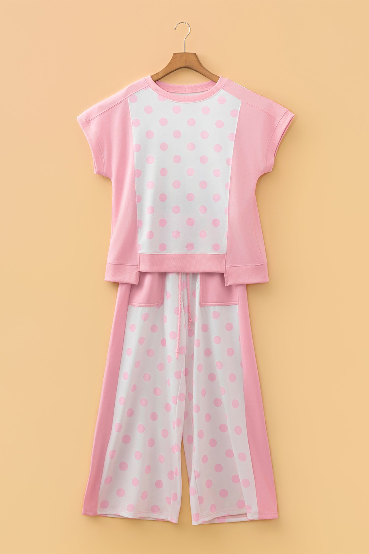 Sky Blue Color Block Patchwork Polka Dot Wide Leg Pant Set
