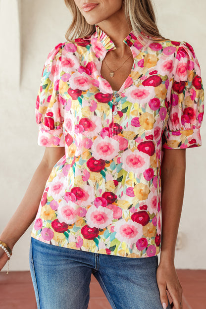 Pink Floral Frilled V Neck Puff Short Sleeve Blouse