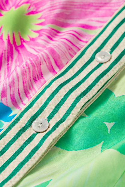 Green Stripe Floral Print Striped Trim Button Down Short Sleeve Vacation Dress