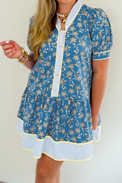 Blue Plus Size Floral Print Striped Patchwork Detail Button Front Ruffle Hem Dress
