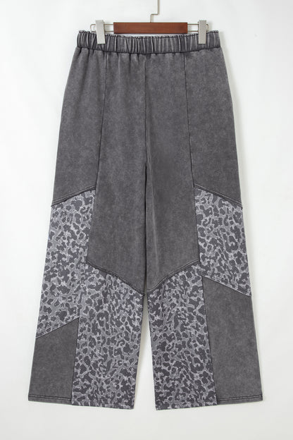 Dark Grey Mineral Wash Leopard Patchwork Loose Pants