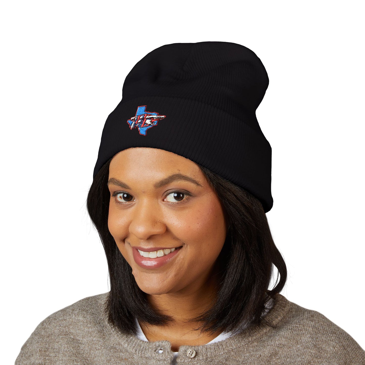 Texas Flag Outline Embroidered Beanie — Classic Cuffed Knit Hat