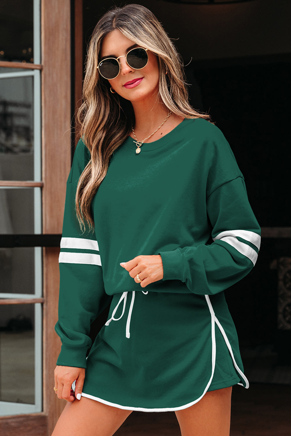 Evergreen Varsity Stripe Detail Drop Shoulder Pullover Mini Skort Set