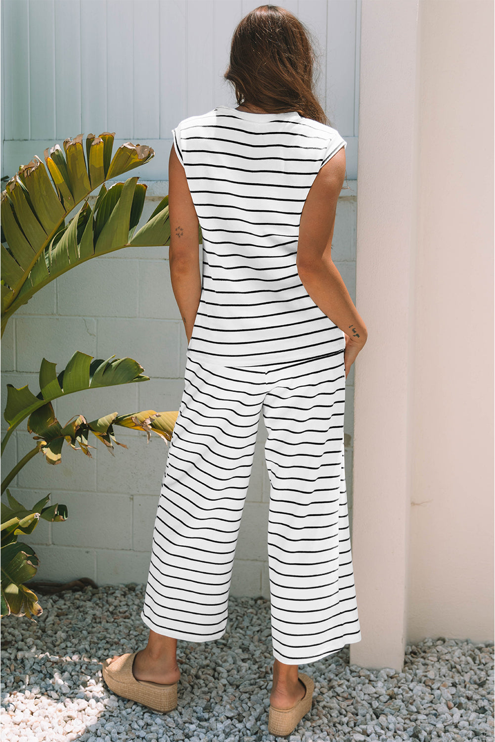 Black Stripe Casual Wide Leg 2pcs Pants Set