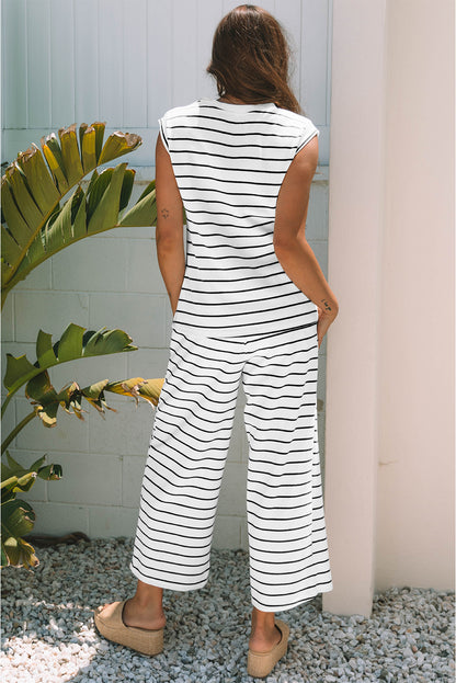 Black Stripe Casual Wide Leg 2pcs Pants Set