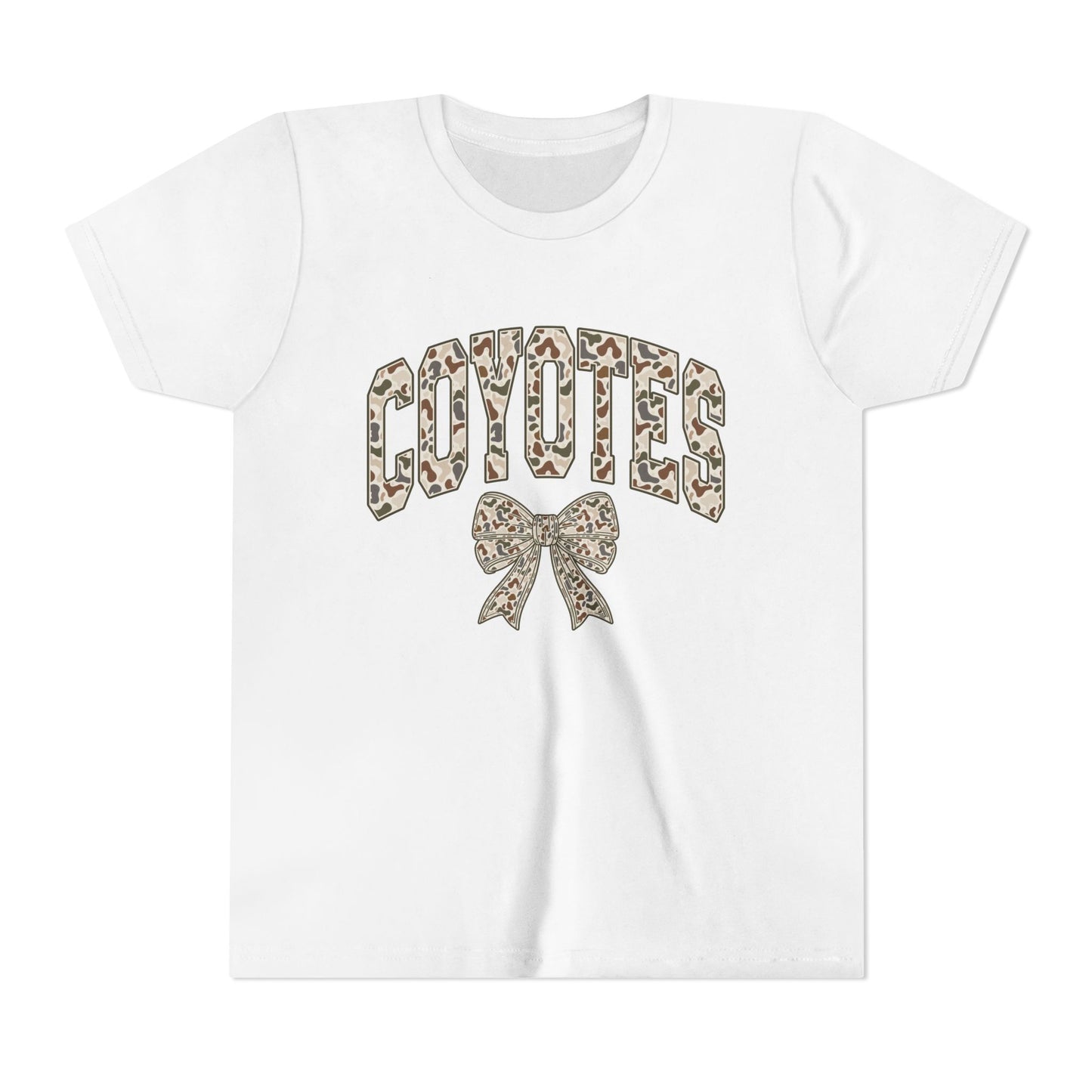 Youth Coyotes CAMO Print Tee with Bow — Girls' School Spirit Shirt