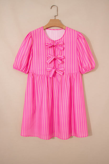 Rose Striped Print Bow Detail Short Puff Sleeve Mini Dress
