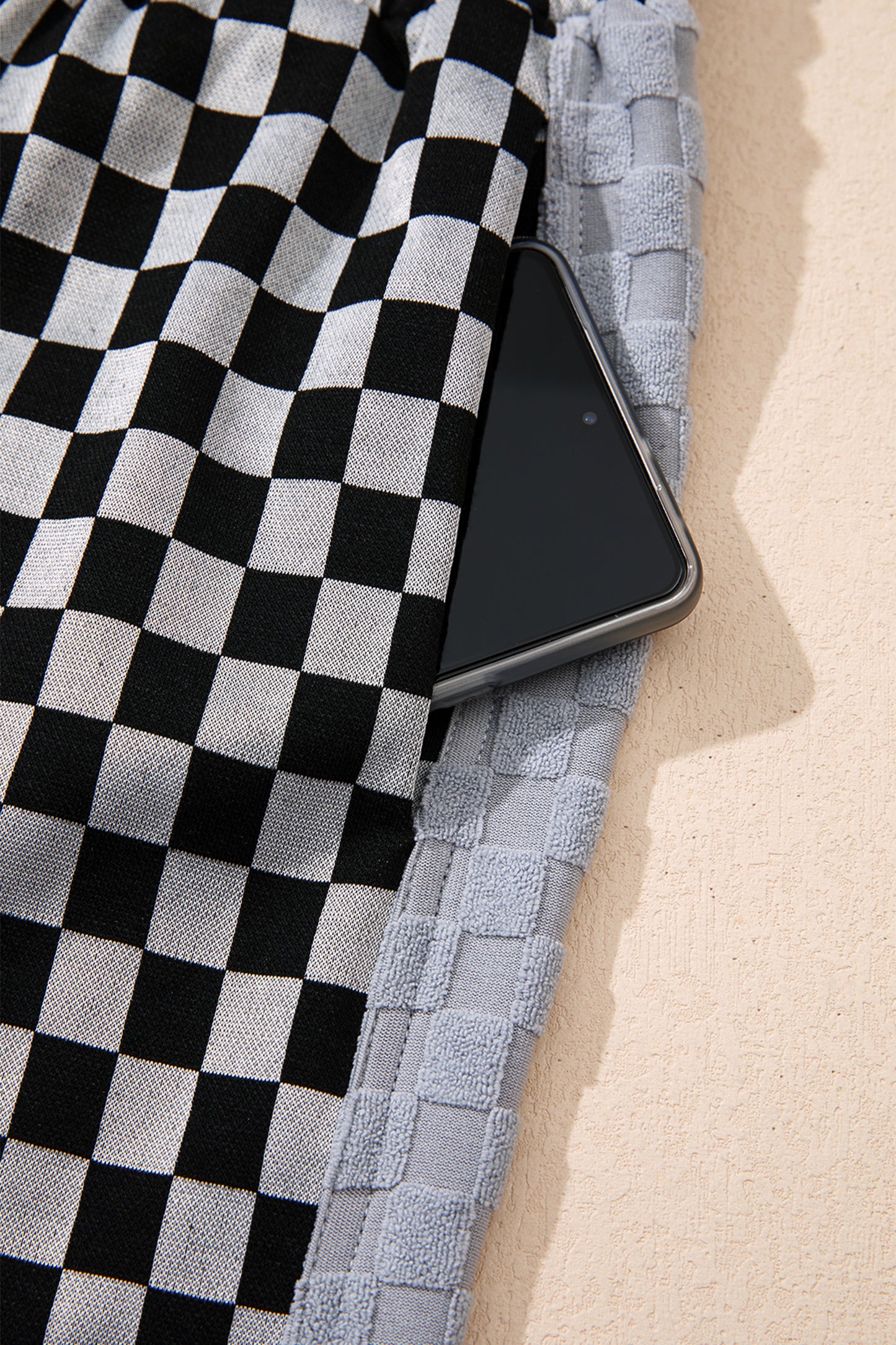 White Checkerboard Drawstring Waist Casual Pants