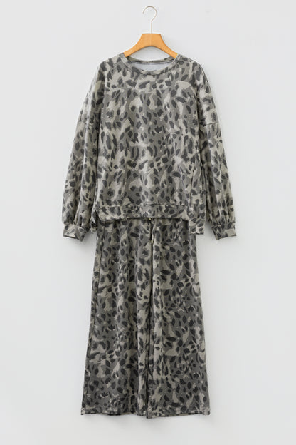 Gray Leopard Print Raw Seam Patchwork Pullover Drawstring Loose Pant Set
