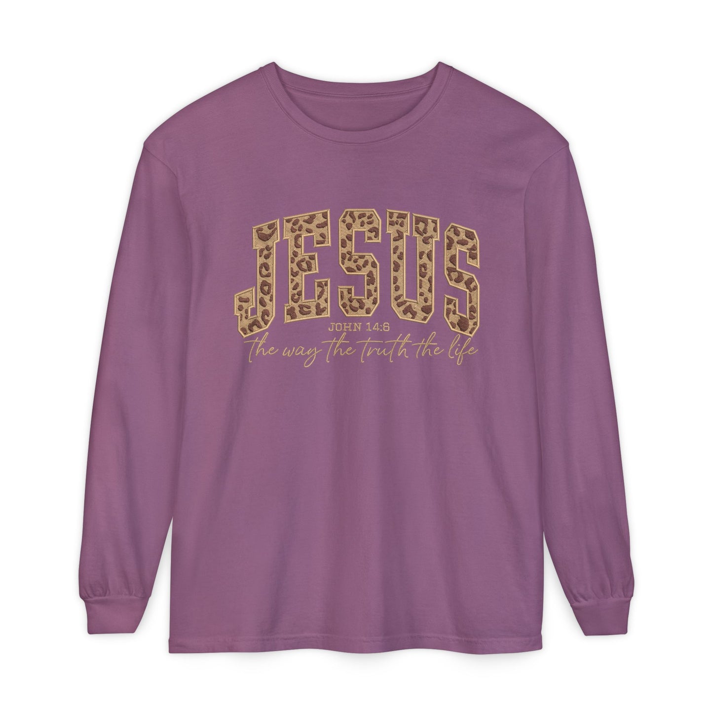 Jesus Leopard Print Long Sleeve Tee — "The Way The Truth The Life" Faith Shirt