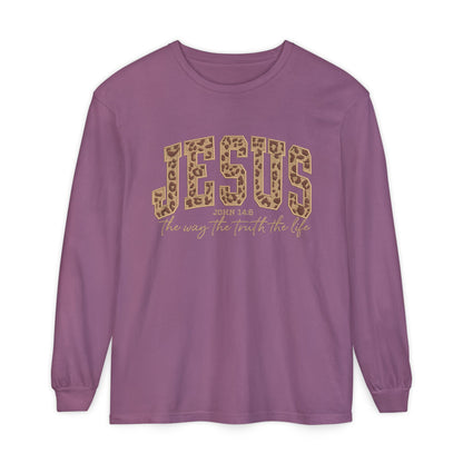 Jesus Leopard Print Long Sleeve Tee — "The Way The Truth The Life" Faith Shirt