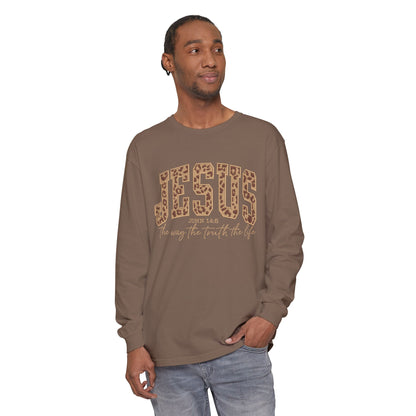 Jesus Leopard Print Long Sleeve Tee — "The Way The Truth The Life" Faith Shirt