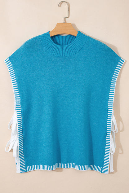 Blue Contrast Stitch Trim Knot Side Mock Neck Sweater Vest