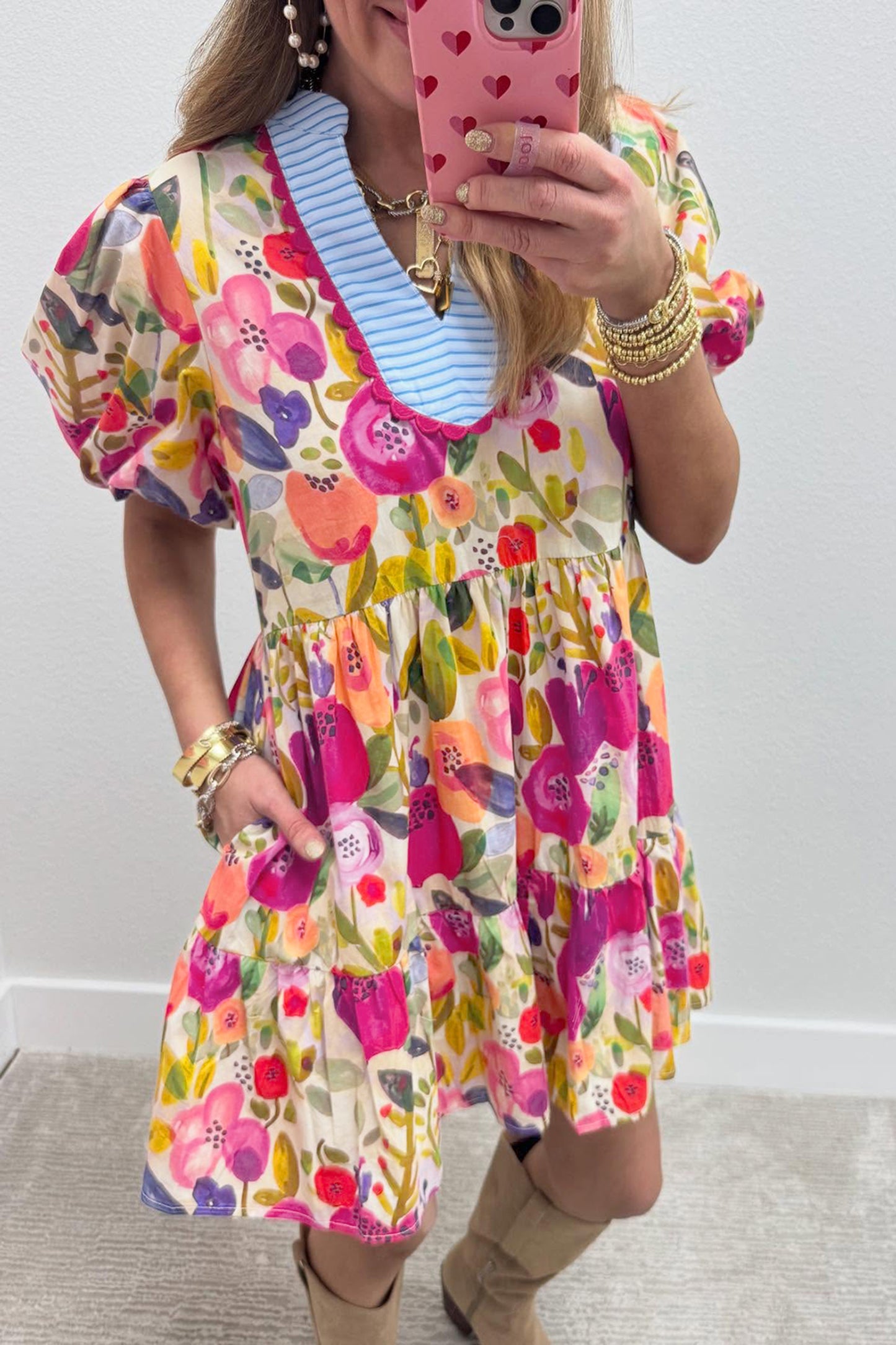 Rose Bright Floral Print Ricrac Trim Striped Patchwork V Neck Dress
