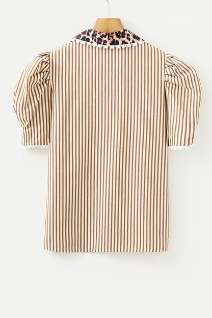 Brown Stripe Ricrac Trim Short Puff Sleeve Leopard Patchwork Collar V Neck Blouse