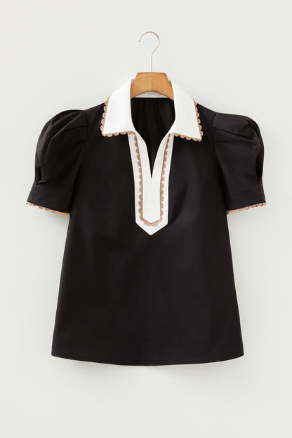 Black Ricrac Trim Color Block Patchwork Shirt Collar Short Sleeve Blouse