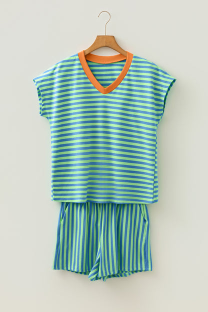 Red Stripe Colorblock Trim V Neck Tee Drawstring Elastic Waist Short Set