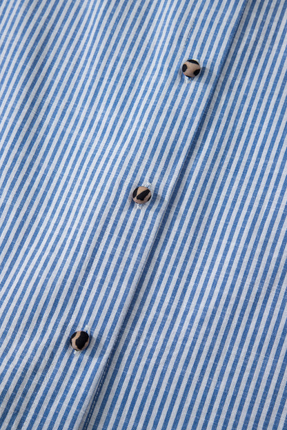 Sky Blue Stripe Contrast Frilled Leopard Trim Casual Long Sleeve Shirt