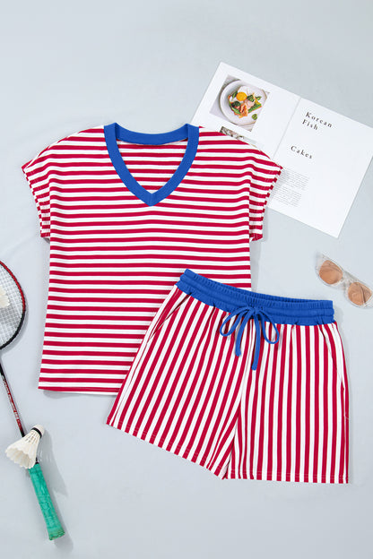 Red Stripe Colorblock Trim V Neck Tee Drawstring Elastic Waist Short Set