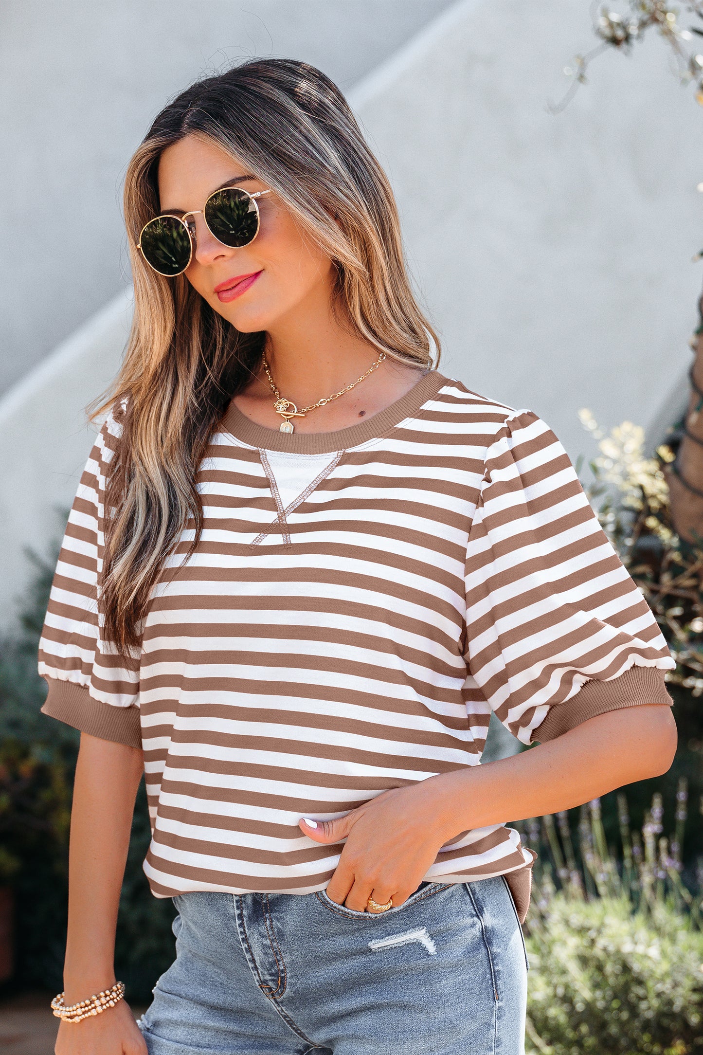 Orange Stripe Short Bubble Sleeve T Shirt