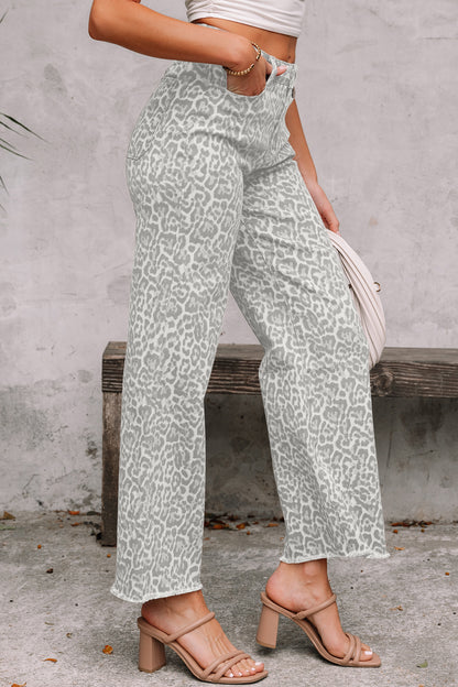 Gray Leopard Frayed Edge Wide Leg High Waist Jeans