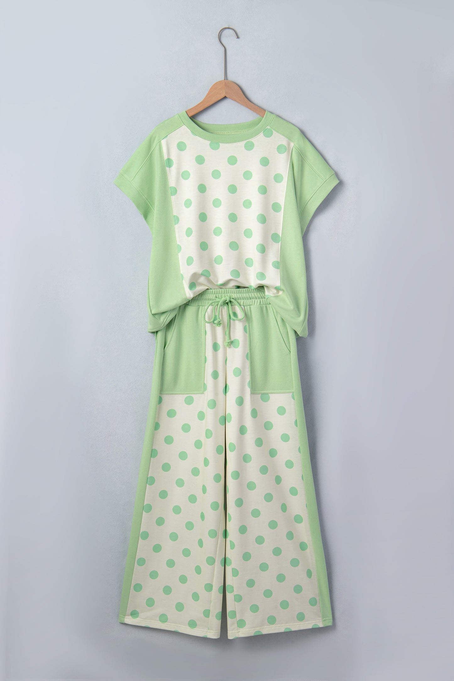 Sky Blue Color Block Patchwork Polka Dot Wide Leg Pant Set
