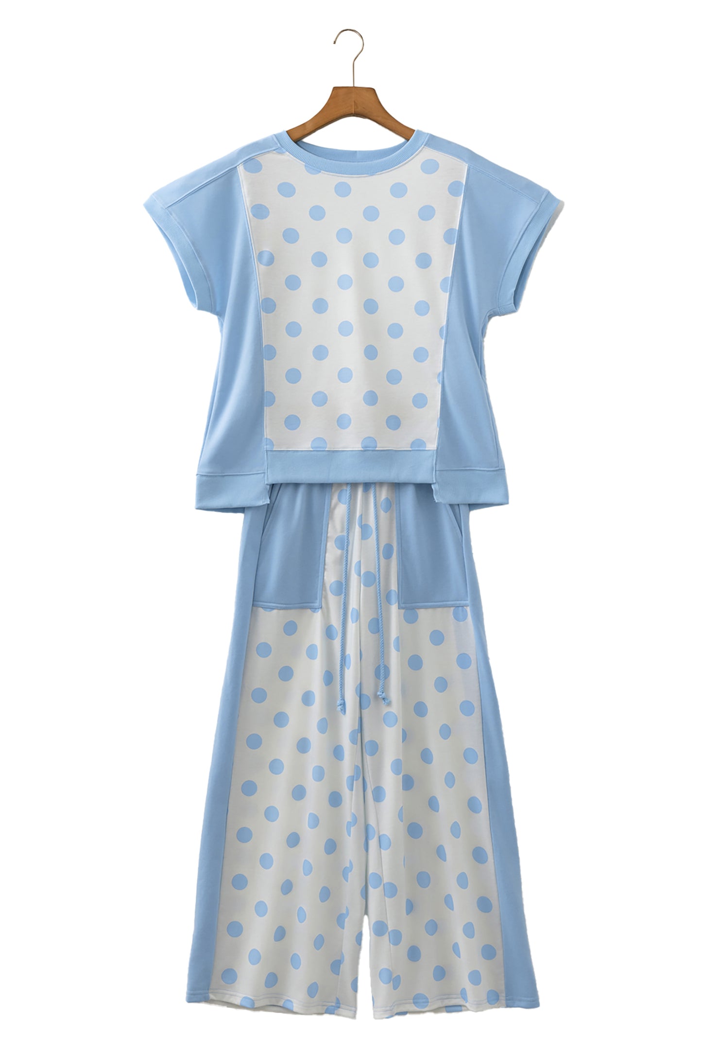 Sky Blue Color Block Patchwork Polka Dot Wide Leg Pant Set