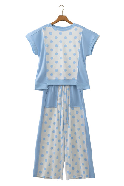 Sky Blue Color Block Patchwork Polka Dot Wide Leg Pant Set
