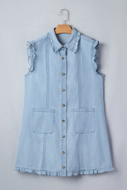 Beau Blue Ruffled Edge Collared Shift Denim Dress with Pockets