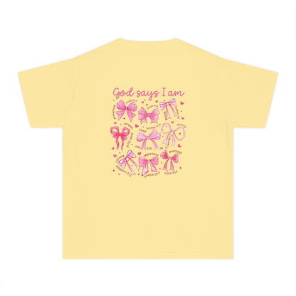 Youth Tee — "God Says I Am" Pink Bows Graphic