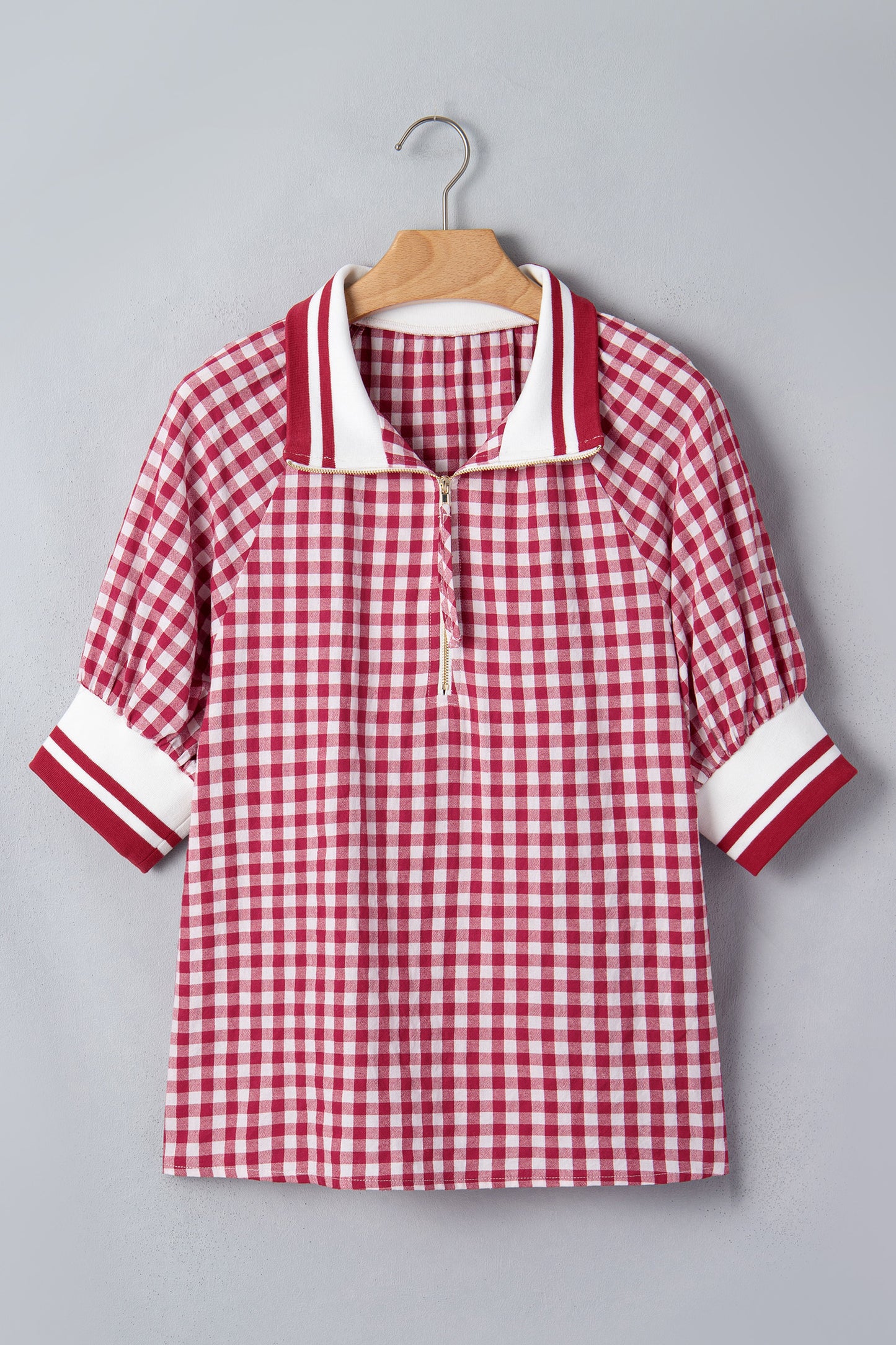 Red Gingham Striped Patchwork Half Zip Blouse