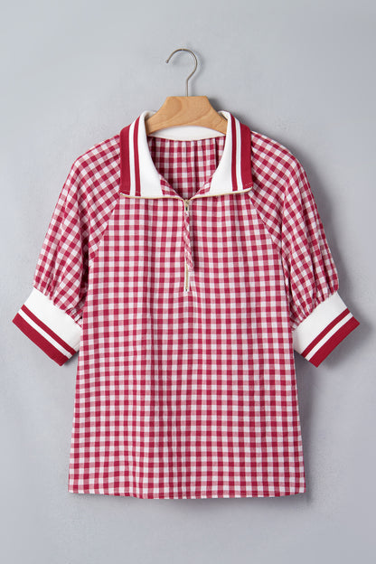 Red Gingham Striped Patchwork Half Zip Blouse