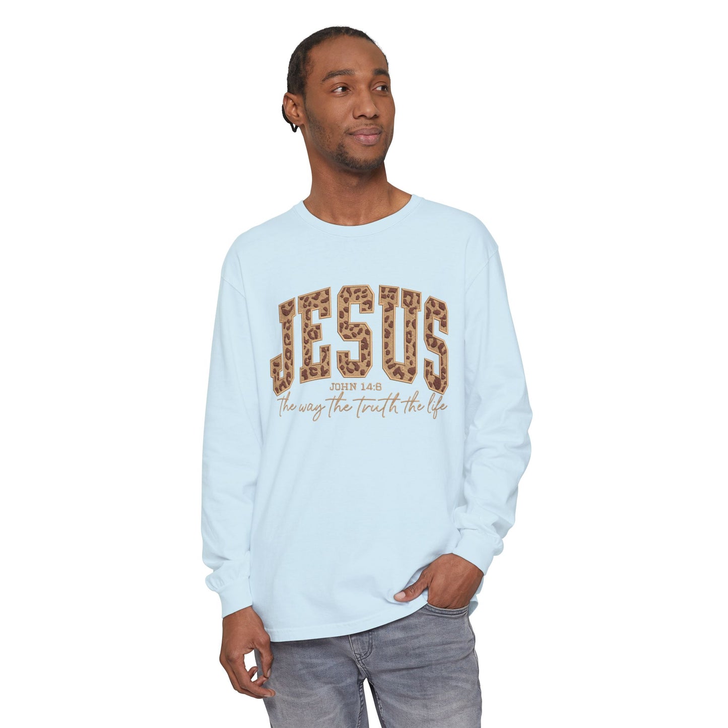 Jesus Leopard Print Long Sleeve Tee — "The Way The Truth The Life" Faith Shirt