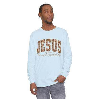 Jesus Leopard Print Long Sleeve Tee — "The Way The Truth The Life" Faith Shirt