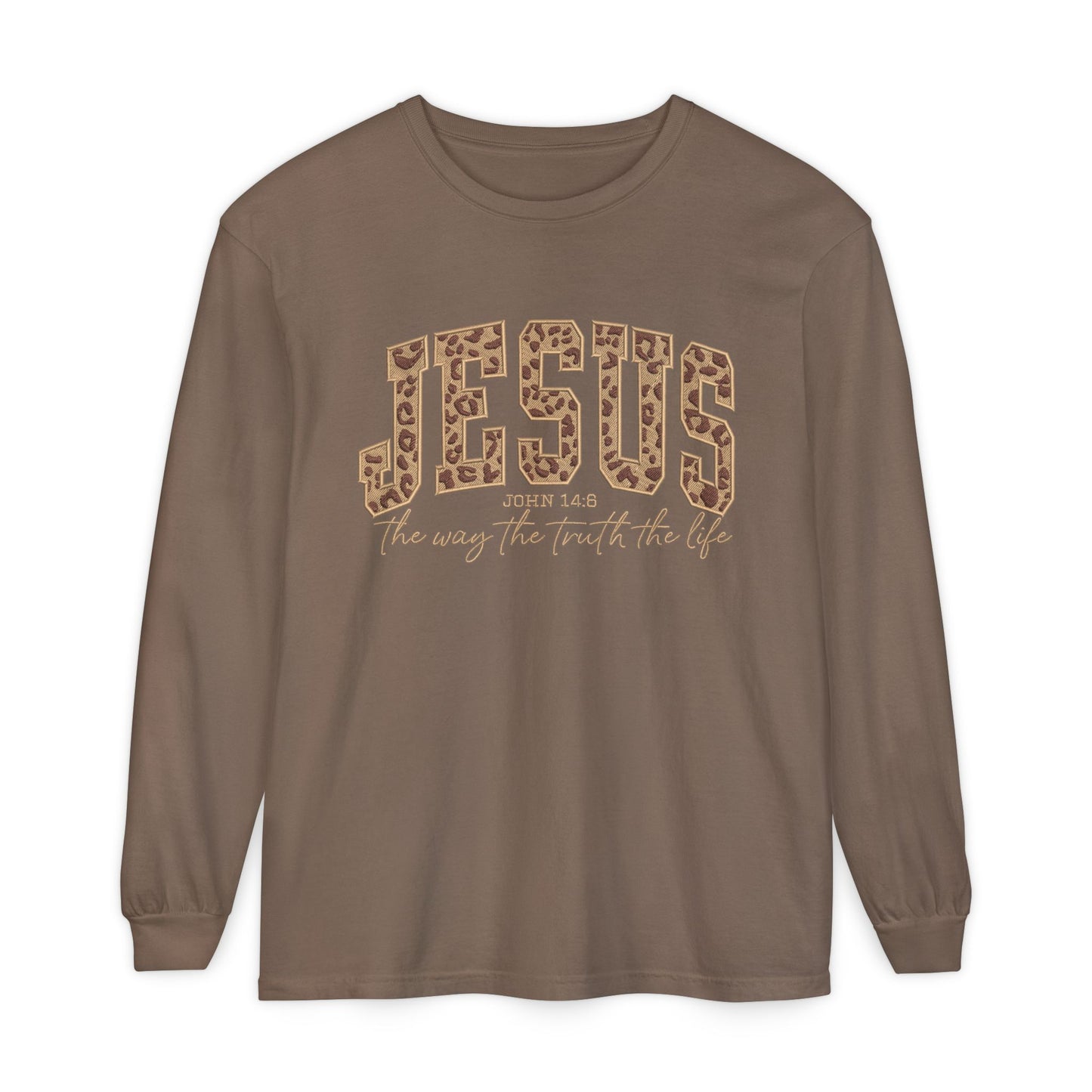 Jesus Leopard Print Long Sleeve Tee — "The Way The Truth The Life" Faith Shirt