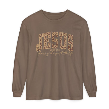 Jesus Leopard Print Long Sleeve Tee — "The Way The Truth The Life" Faith Shirt