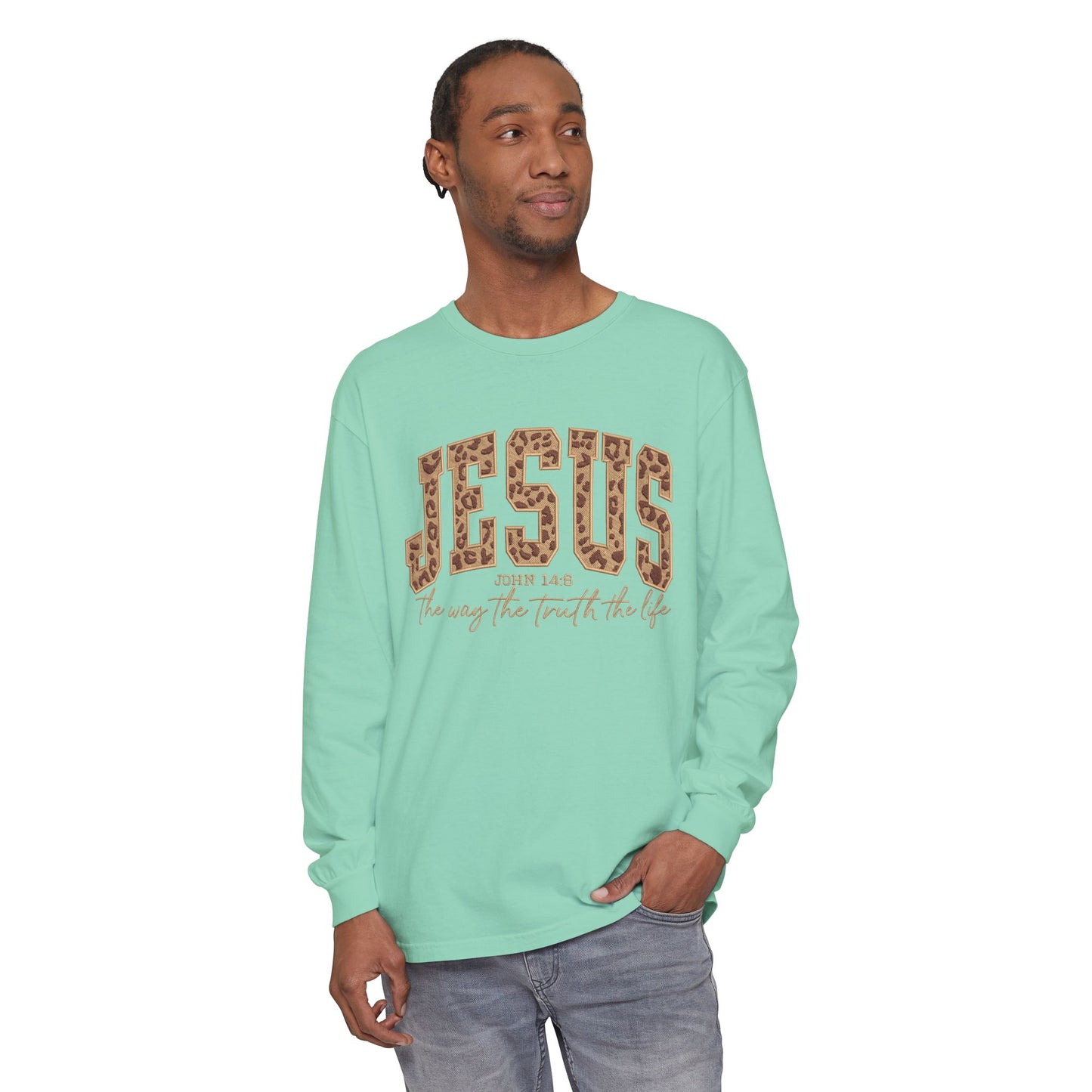 Jesus Leopard Print Long Sleeve Tee — "The Way The Truth The Life" Faith Shirt