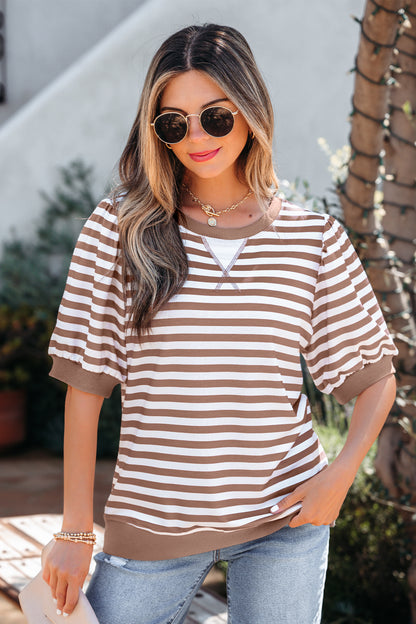 Orange Stripe Short Bubble Sleeve T Shirt