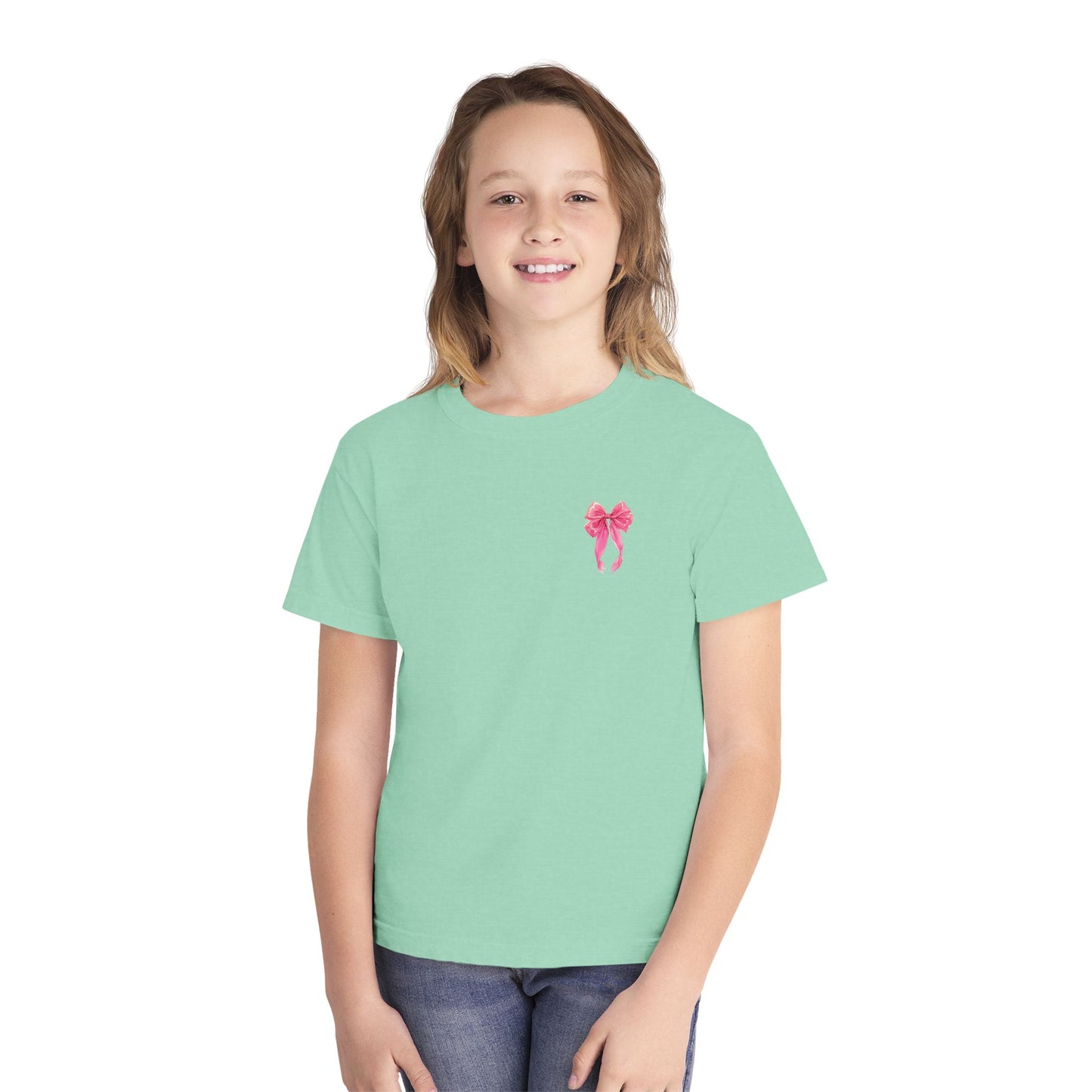Youth Tee — "God Says I Am" Pink Bows Graphic