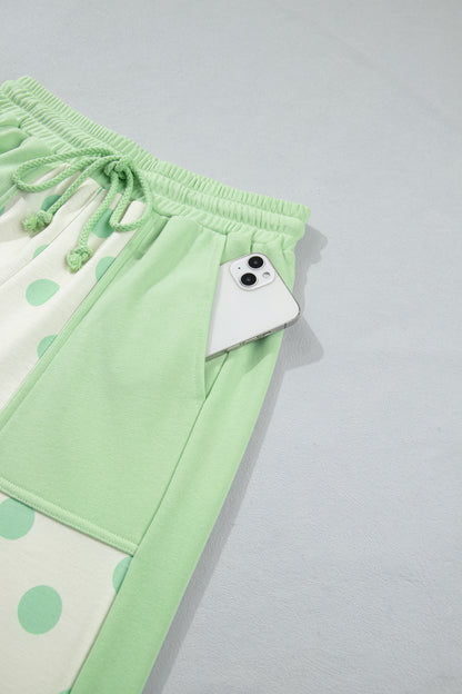 Sky Blue Color Block Patchwork Polka Dot Wide Leg Pant Set