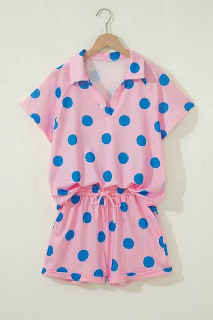 Pink Polka Dot Print V Neck Tee Short Set