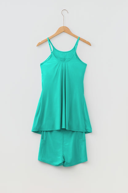 Bright Pink Solid Color Tunic Tank Dress Athletic Shorts Two Piece Set