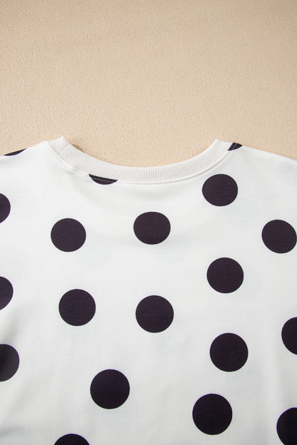 Beige Polka Dot Print Drop Shoulder Pullover Drawstring Shorts Set