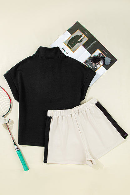 Black Contrast Zipped Stand Collared T Shirt and Short Set