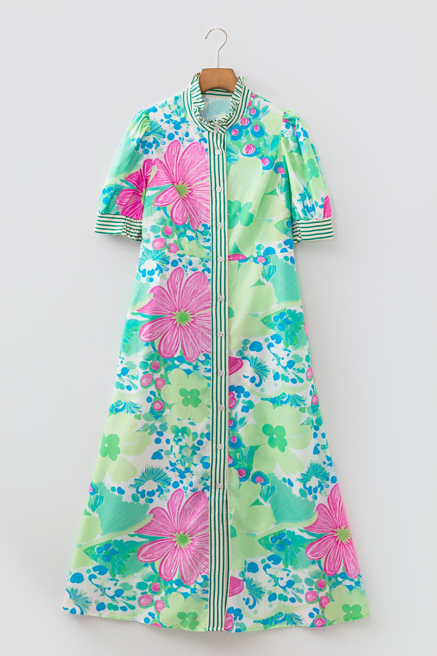 Green Stripe Floral Print Striped Trim Button Down Short Sleeve Vacation Dress
