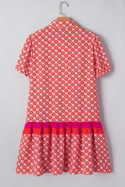 Orange Geometric Floral Print Color Block Trim Button Front Ruffle Hem Dress
