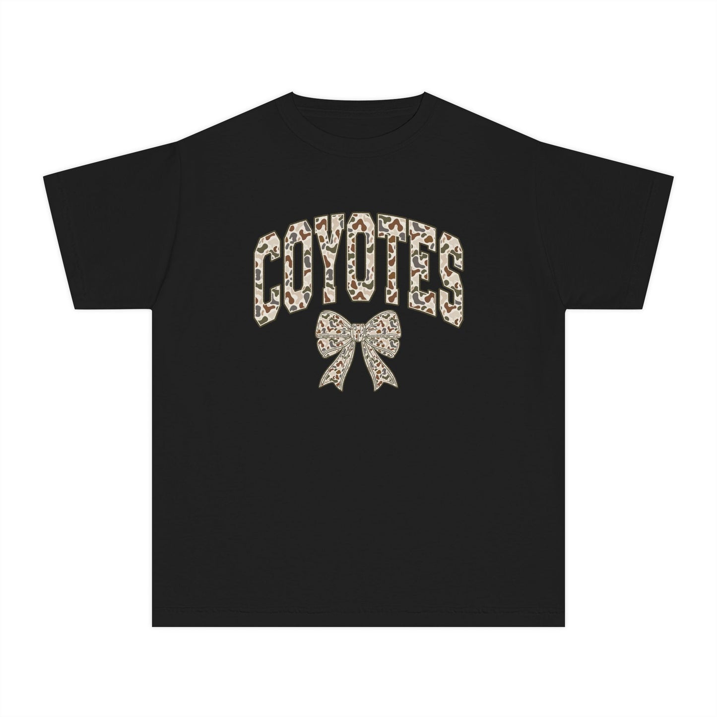 Youth Tee — 'Coyotes' Camo Print Cheer Shirt with Bow