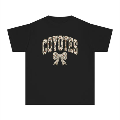 Youth Tee — 'Coyotes' Camo Print Cheer Shirt with Bow