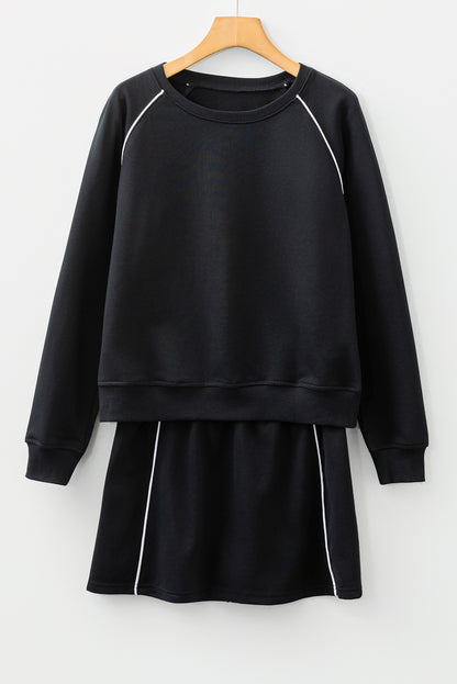 Black Contrast Piping Crewneck Pullover Mini Skirt Set