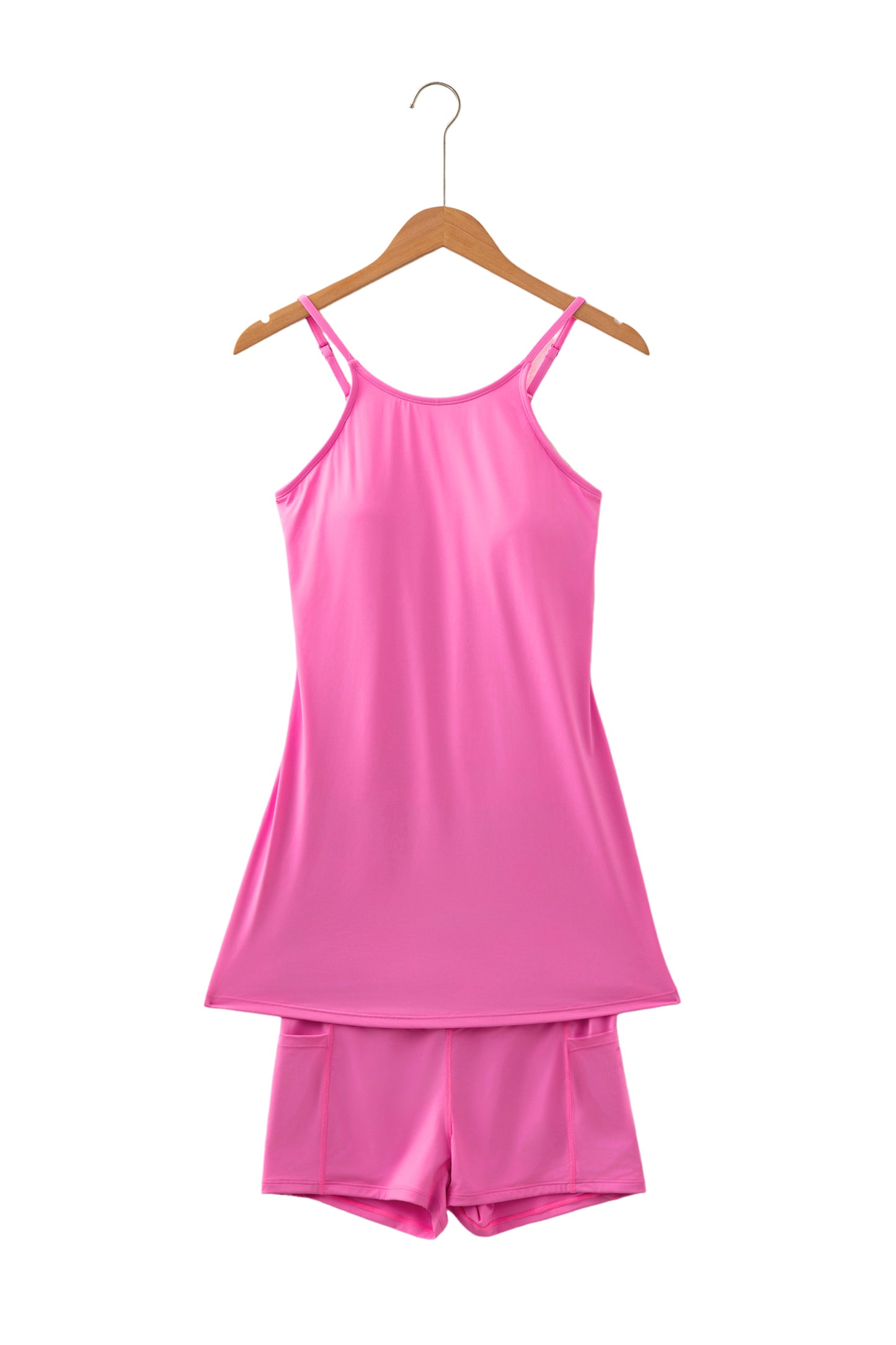 Bright Pink Solid Color Tunic Tank Dress Athletic Shorts Two Piece Set